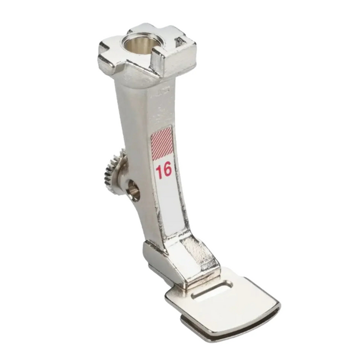 Metal sewing machine foot with a red label on a white background