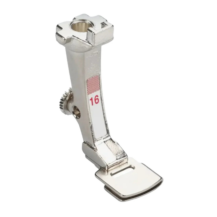 Metal sewing machine foot with gear and '16' marking on a white background