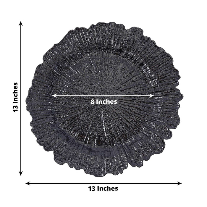 Black decorative plate with textured design, 13 inches wide, 8 inches across the center.