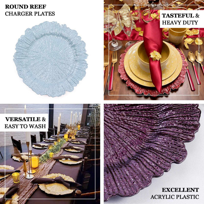 Round Reef charger plates in various colors, perfect for elegant dining.