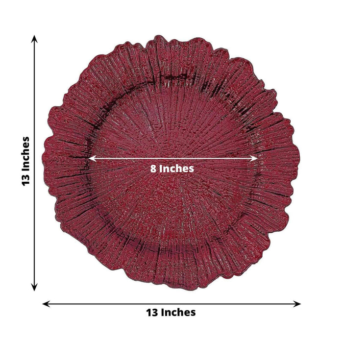 Red decorative plate with a textured design, 13 inches in diameter.