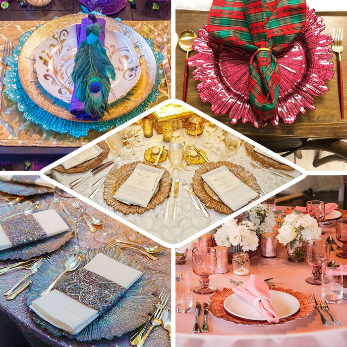 Elegant table settings with vibrant plates, napkins, and floral arrangements.