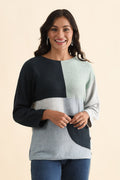 Acton Blue Splice Wool Blend Jumper,Brunette model,alt text|model:Brontie