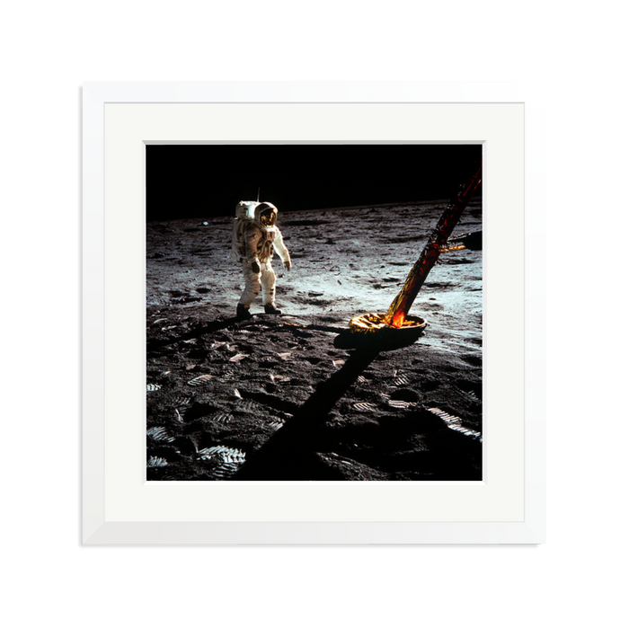 Buzz Aldrin On The Moon Framed Print White Large