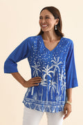 Fia Cobalt Palm Sleeved Crinkle Cotton Top,Brunette model,alt text|model:Cara
