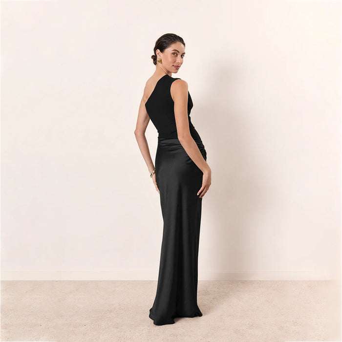 Fitted women's dress - asymmetric one-shoulder sheath, satin, for formal evening events and special occasions