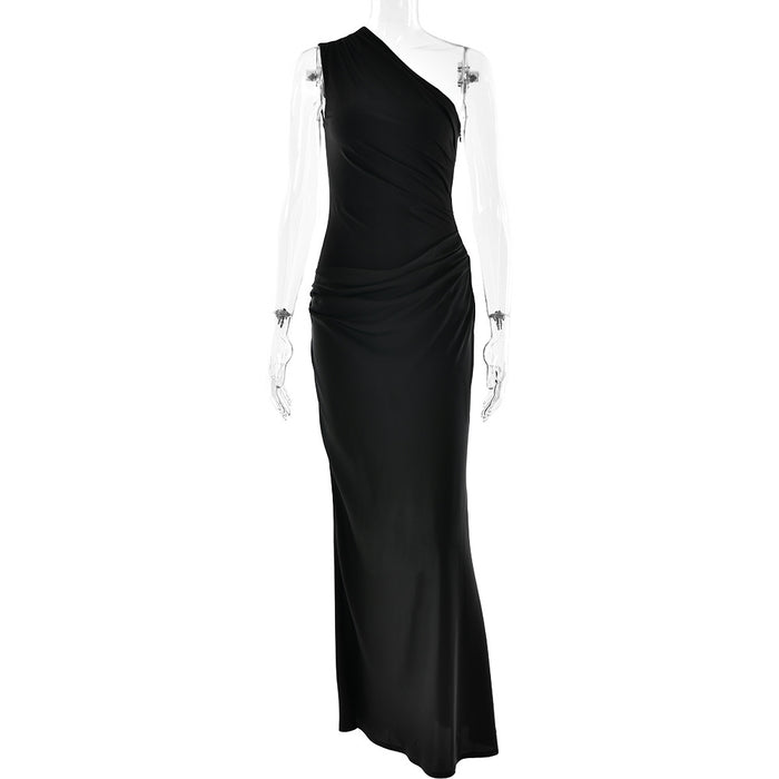 Fitted women's dress - asymmetric one-shoulder sheath, satin, for formal evening events and special occasions