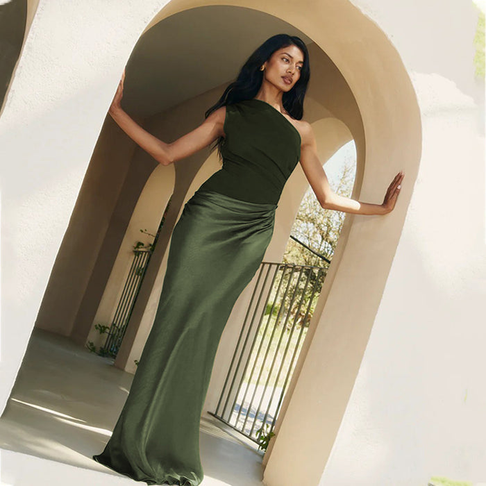 Fitted women's dress - asymmetric one-shoulder sheath, satin, for formal evening events and special occasions