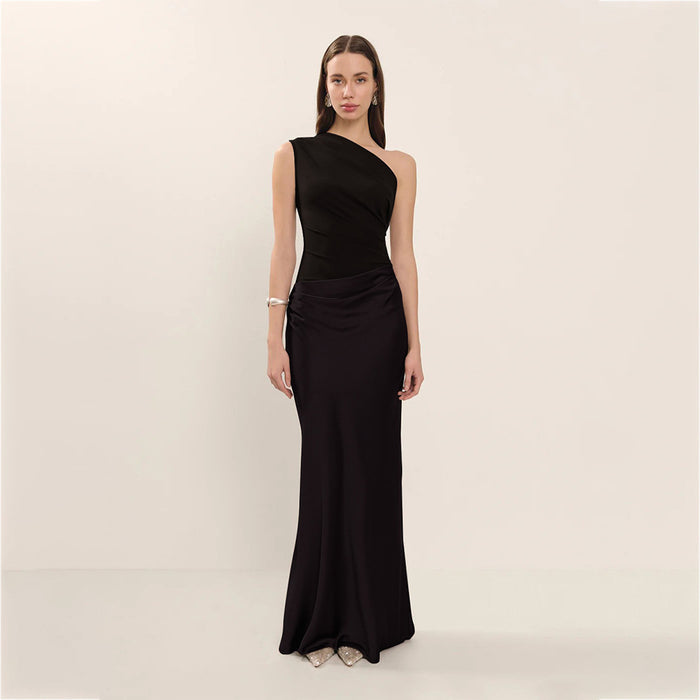 Fitted women's dress - asymmetric one-shoulder sheath, satin, for formal evening events and special occasions