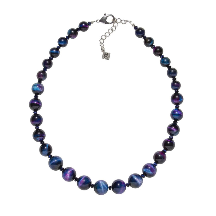 Necklace with purple beads on a white background