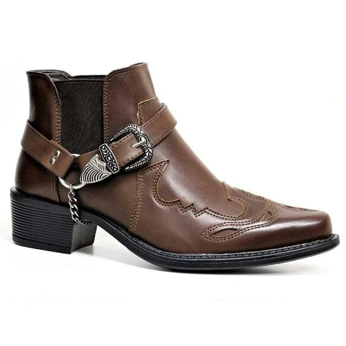 Handmade Leather Cowboy Boots for Men with Chain Buckle, Durable Motorcycle Style, Comfortable Fit-2