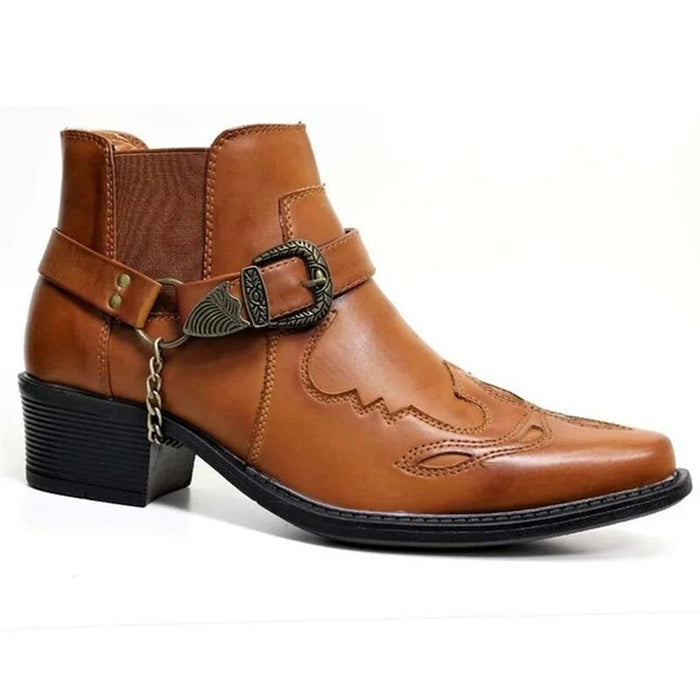 Handmade Leather Cowboy Boots for Men with Chain Buckle, Durable Motorcycle Style, Comfortable Fit-3