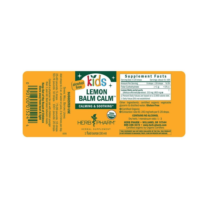 Herb Pharm Kids Lemon Balm Calm AF 1oz - Supplement Facts panel