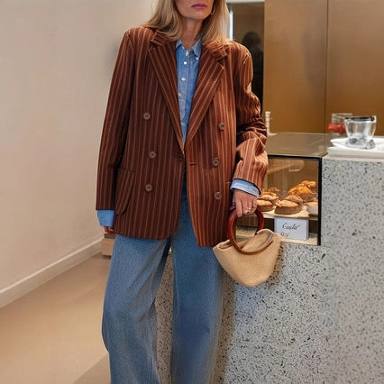 Lightweight women's striped blazer jacket - retro, double-breasted, polyester, for spring/autumn