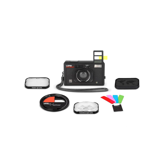 Vintage camera with lens filters and accessories on a white background