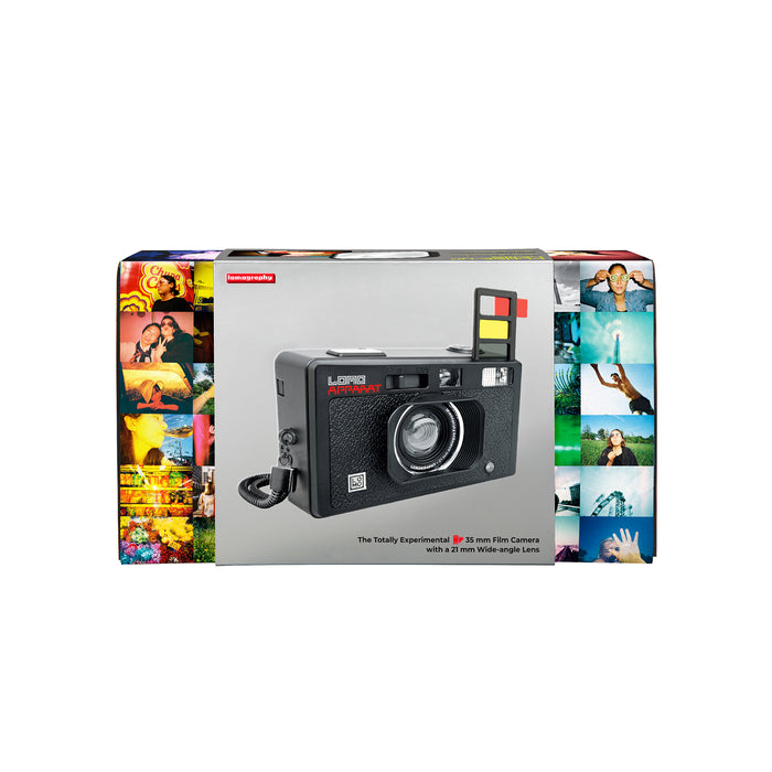 Camera packaging with colorful side panels on a white background