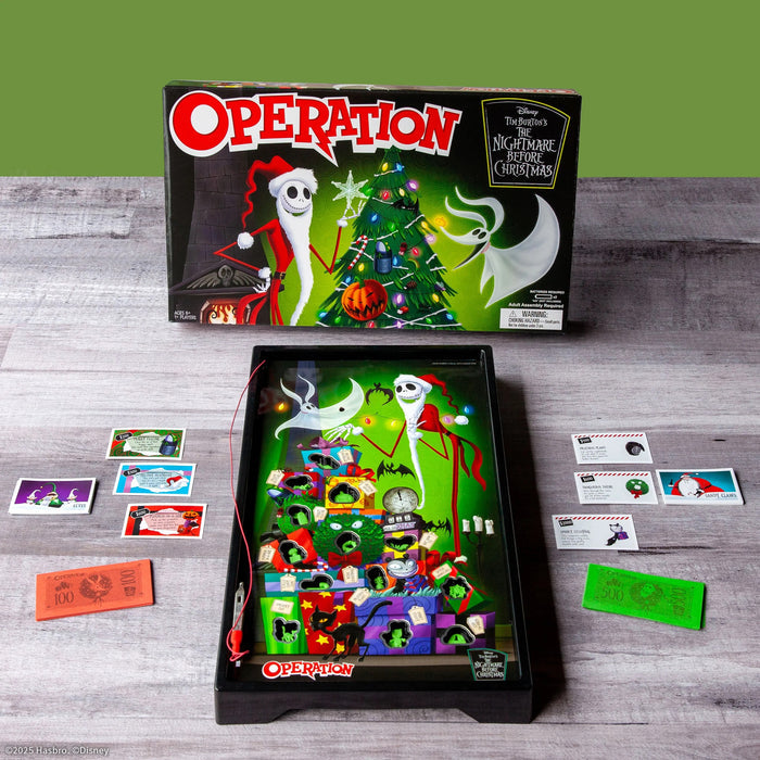 Operation game board and packaging featuring 'Nightmare Before Christmas' theme on a wooden surface.