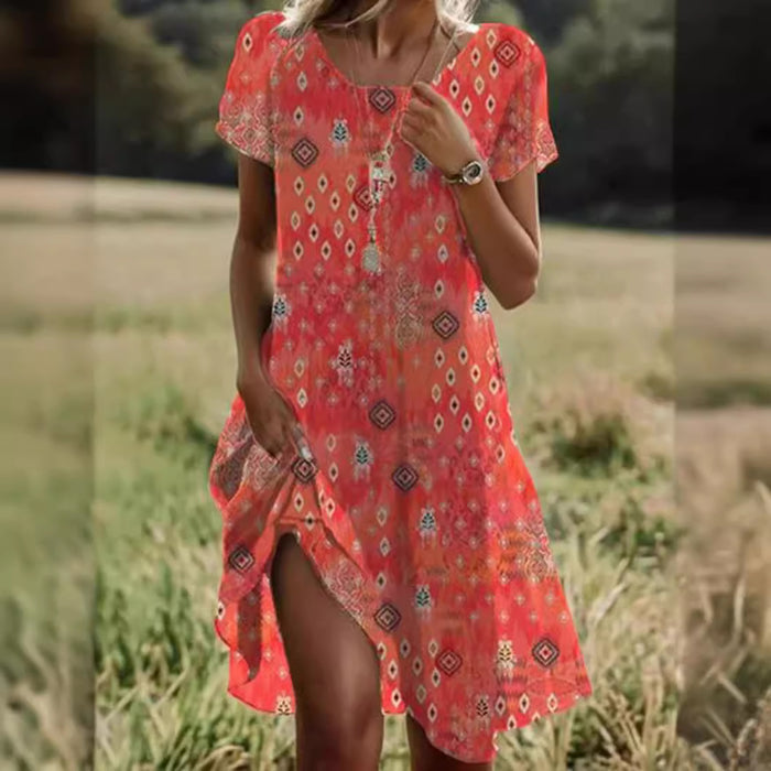 Soft women's dress - scoop neck, flowy mid-length silhouette, geometric print, casual everyday wear