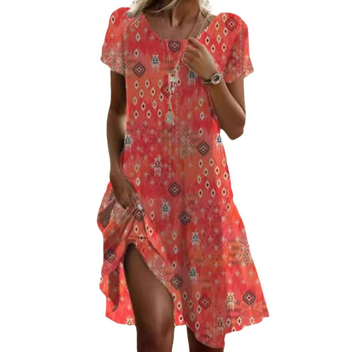 Soft women's dress - scoop neck, flowy mid-length silhouette, geometric print, casual everyday wear