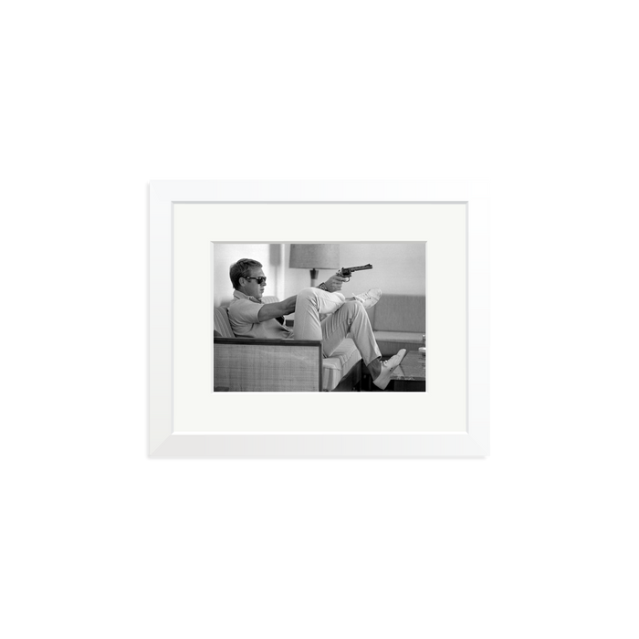 Steve McQueen Aims a Pistol Framed Print White Small