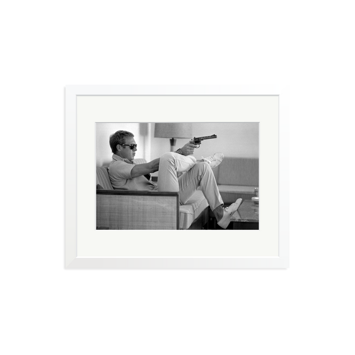 Steve McQueen Aims a Pistol Framed Print White Medium
