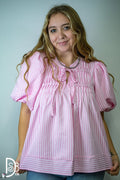 Striped Puff Sleeve Top with Pintuck Detail & Neck Tie - Deadwood South Boutique & Company LLC