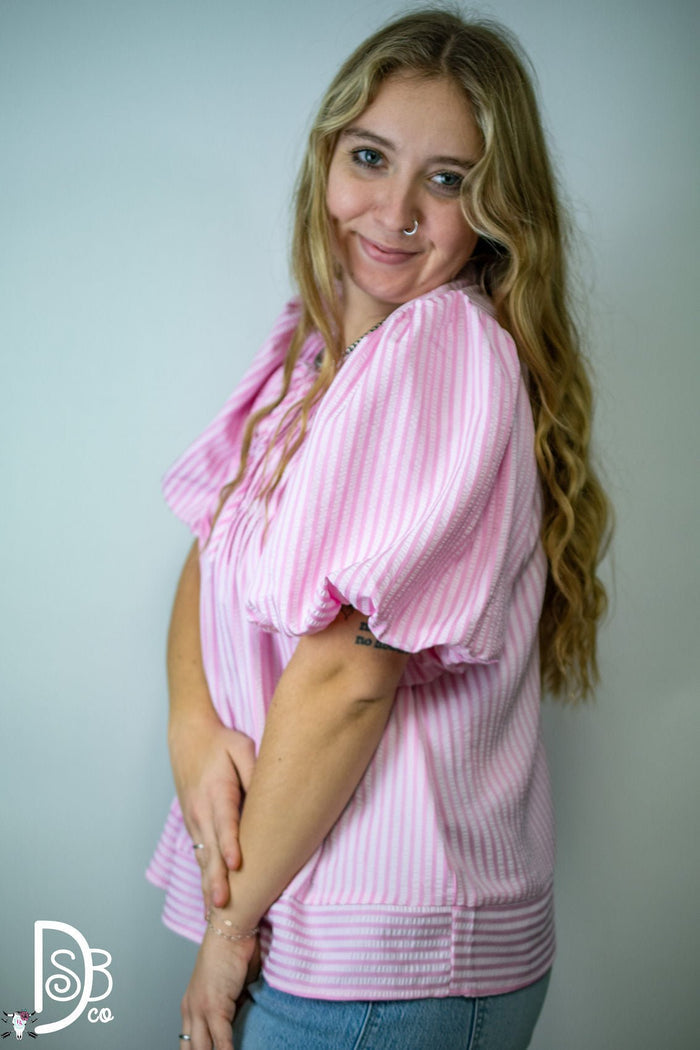 Striped Puff Sleeve Top with Pintuck Detail & Neck Tie - Deadwood South Boutique & Company LLC