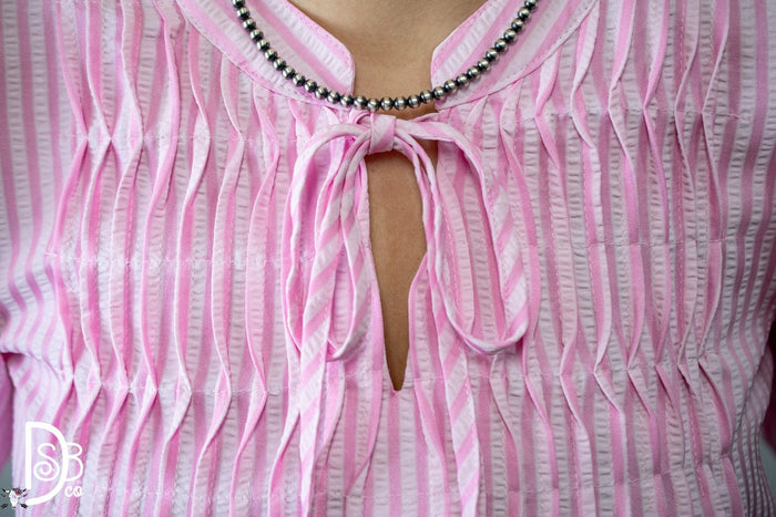 Striped Puff Sleeve Top with Pintuck Detail & Neck Tie - Deadwood South Boutique & Company LLC