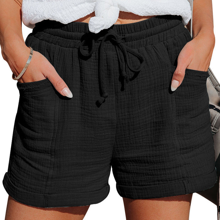Summer Cotton Linen Shorts Women's High Waist Casual Pants with Pockets