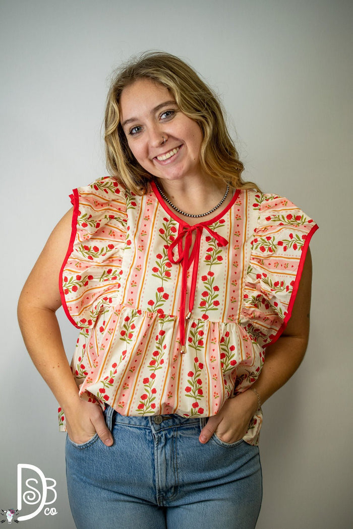 The Red Floral Ruffle Sleeve Top - Deadwood South Boutique & Company LLC
