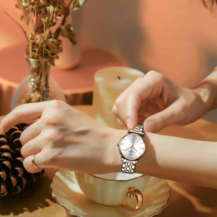 Timeless women's rose gold quartz wristwatch - stainless steel water-resistant minimalist round dial