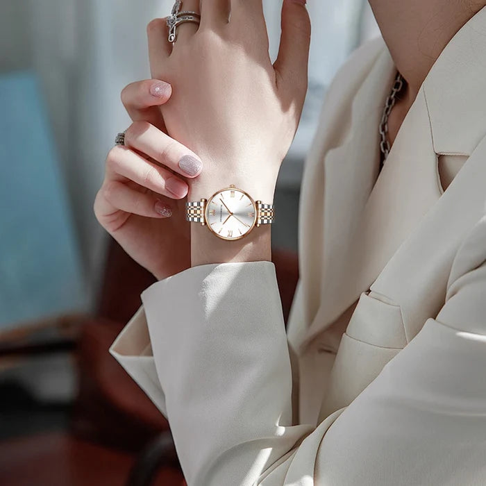 Timeless women's rose gold quartz wristwatch - stainless steel water-resistant minimalist round dial