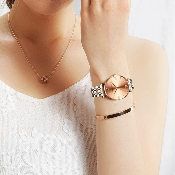 Timeless women's rose gold quartz wristwatch - stainless steel water-resistant minimalist round dial