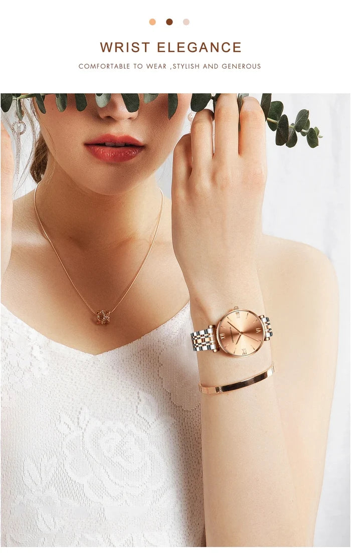 Timeless women's rose gold quartz wristwatch - stainless steel water-resistant minimalist round dial