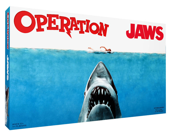 Board game box titled 'Operation Jaws' with a shark and swimmers on the cover.
