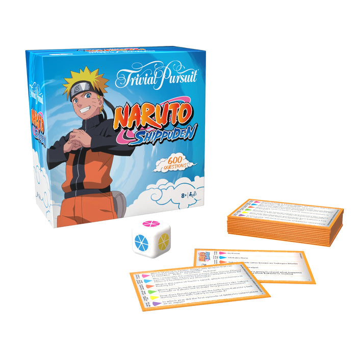 Trivial Pursuit Naruto Shippuden game set with character packaging and cards on a white background
