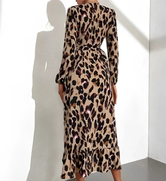 V-Neck A-Line Long Sleeve Midi Dress with Leopard Print for Women, Stylish Casual Cotton Blend-5