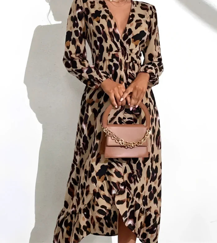 Variant image for V-Neck A-Line Long Sleeve Midi Dress with Leopard Print for Women, Stylish Casual Cotton Blend-1