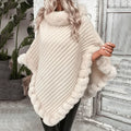 Warm Cozy Women's Poncho - Rollneck, Ribbed Knit, Faux Fur