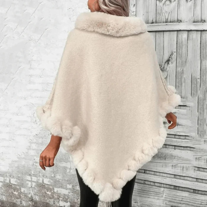Warm Cozy Women's Poncho - Rollneck, Ribbed Knit, Faux Fur