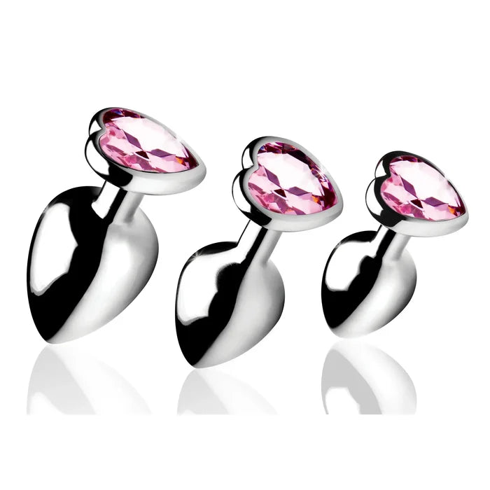 XR Brands® Brands Booty Sparks Pink Heart Gem Anal Plug Set – 3 Sizes Metal Temperature Play