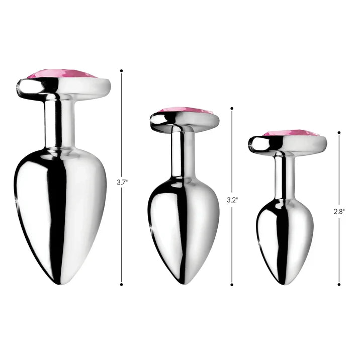XR Brands® Brands Booty Sparks Pink Heart Gem Anal Plug Set – 3 Sizes Metal Temperature Play