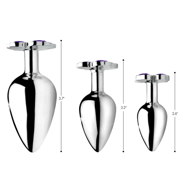 XR Brands® Brands Booty Sparks Violet Flower Gem Anal Plug Set – 3 Sizes Metal Temperature Play Purple