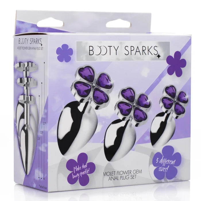 XR Brands® Brands Booty Sparks Violet Flower Gem Anal Plug Set – 3 Sizes Metal Temperature Play Purple